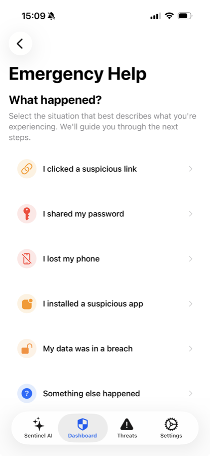 Sentinel AI emergency help screen with guided flows for common situations