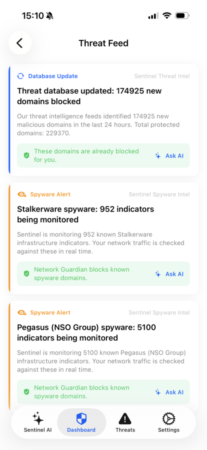 Sentinel AI threat feed showing recent domain blocks and stalkerware indicators