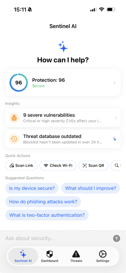 Sentinel AI home screen showing protection score and AI assistant